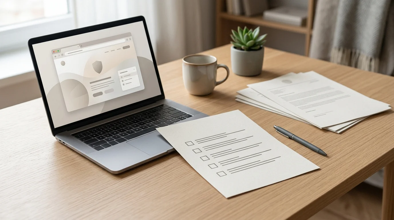 Rustige bureauscène met checklist voor veilige controle van online gokken