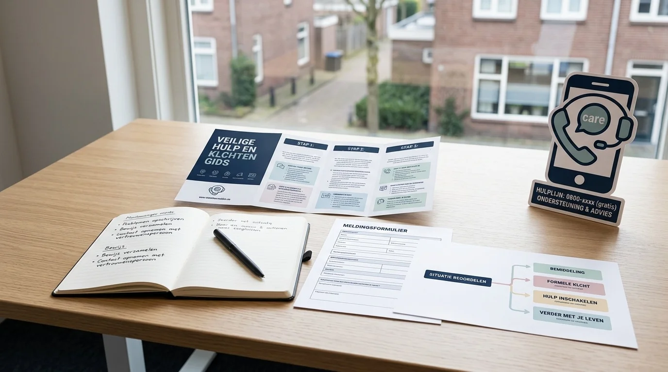 Rustig overzicht van notities, melding, hulpcontact en veilige vervolgstappen bij gokproblemen